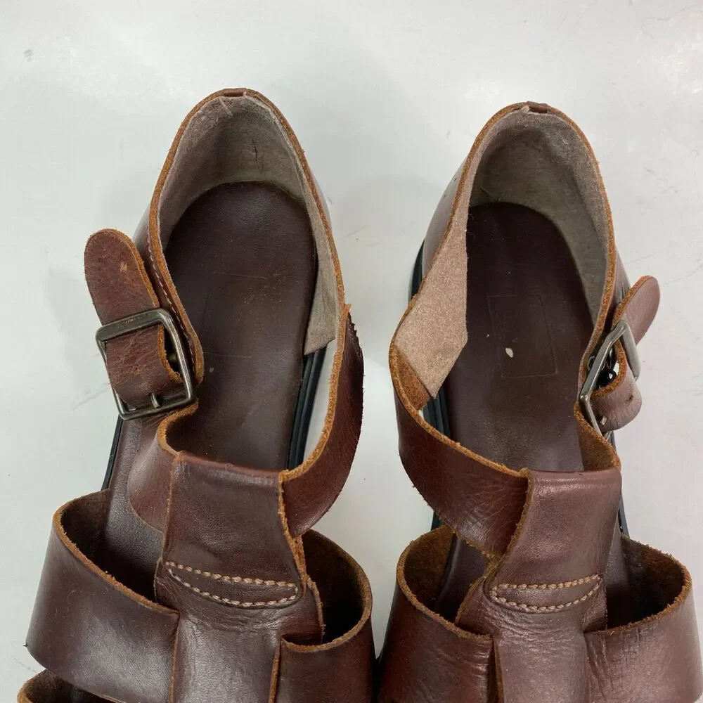 Vintage Y2K Brown Leather Wide Straps Hierarchies Sandals Size 8 Brazil Boho